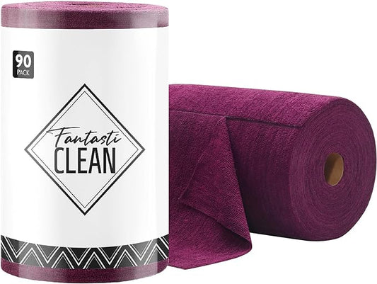 Fantasticlean Microfiber Cleaning Cloth Roll -90 Pack, Tear Away Microfiber Towels, 12" x 12", Reusable, Washable, Scratch Free, Ultra Absorbent for Car, Home Supplies, Shop (Deep Purple)