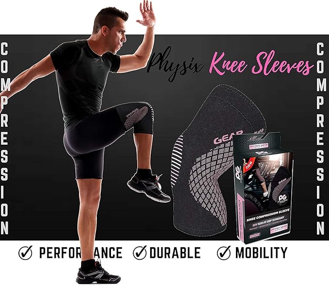 Physix Gear Knee Compression Sleeve for Men & Women - Best Compression Knee Brace for Walking, Running, Gym, Basketball, Weightlifting,Workout, Sports - Knee sleeves Support Compression & Stability