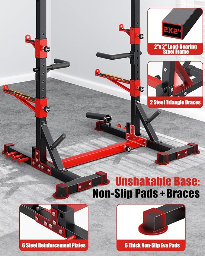 YOLEO Squat Rack with Adjustable Pull-Up Bar & Extended Safety Arms, Multi-Functional Power Racks Squat Stand for Home Gym, Garage & Basement, 35"-67" Width, Fixed 83” Frame Height, Pull-Up Bar Height 71.5"-80.5", Fits 6FT & 7FT Barbells