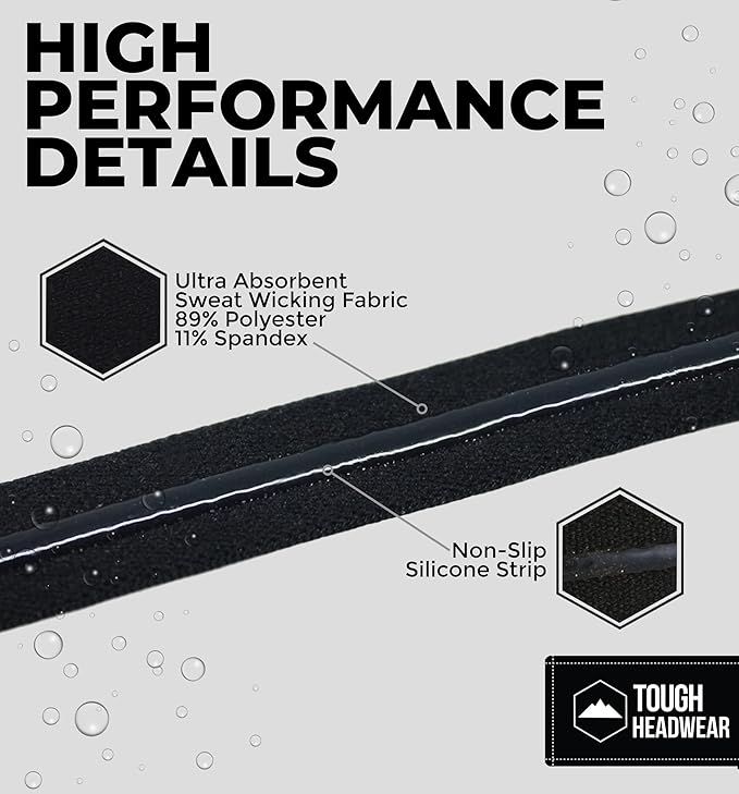Tough Headwear Thin Elastic Headbands for Men - Sports Hair Head Band for Women & Men - Non Slip Mens Workout Headband - Running or Soccer Headband - 6-Pack