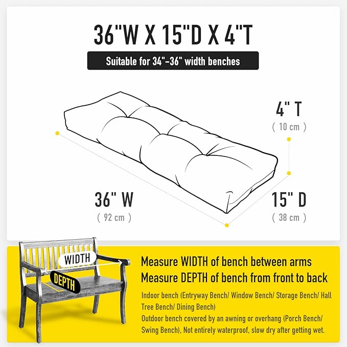 SUNROX LokGrip Non Slip Tufted Memory Foam Bench Cushion, FadeShield Water Resistant Durable Thicken Outdoor/Indoor Bench Seat Pads 36x14x4 inch, Heather Chestnut