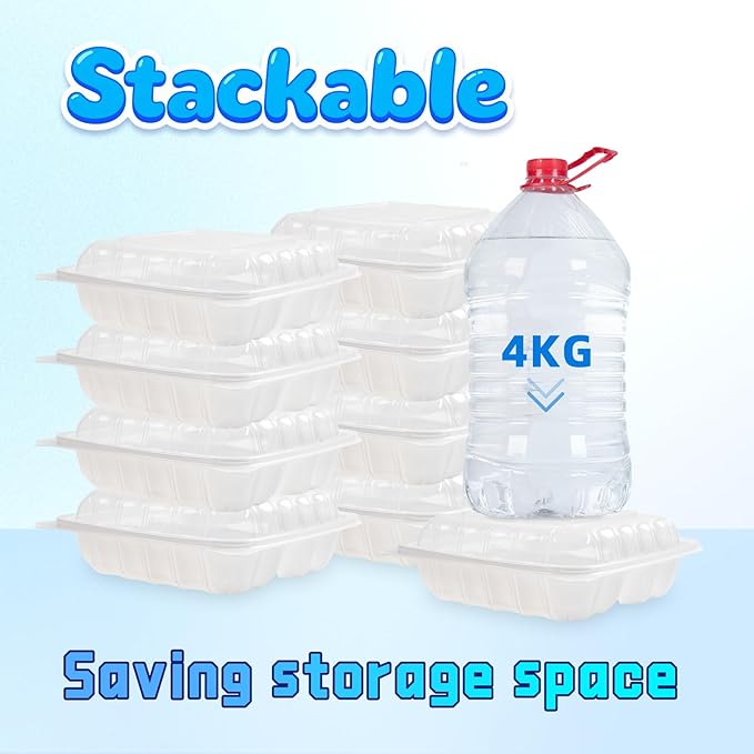 YANGRUI Plastic Containers 8" 34 oz 25 Pack - Reusable Fog Free Crystal Lid Technology | BPA Free PP Freezer & Microwave Safe Shrink-Sealed Takeout Box | White Restaurant 3 Compartment Food Container