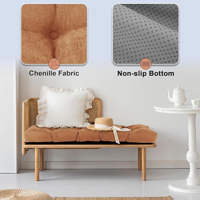Bench Cushion 42 Inch - Chenille, High-Density Memory Foam, Non-Slip Bottom, Soft Durable Indoor Tufted Long Seat Cushion for Window Garden Furniture (Amberglow, 42x16x4 Inch)