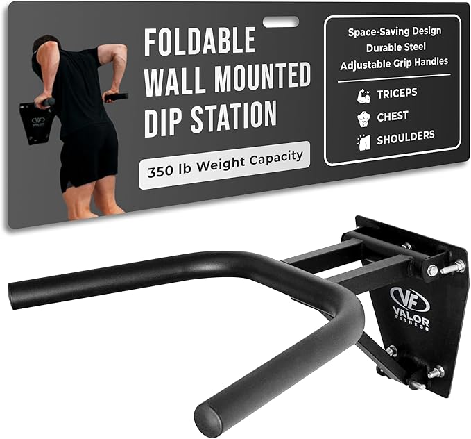 Valor Fitness Wall Mount Dip Station – Heavy-Duty Foldable Triceps Dip Bars with Padded Handles for Home Gym Strength Training Workouts – Supports Up to 400 lbs