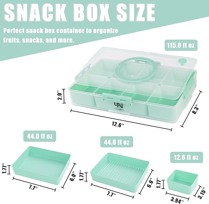 Snackle Box Container - 10 Compartments Including 2 XL, Dishwasher & Microwave Safe, Divided Serving Tray with Lid and Handle, BPA-Free, snack box (1 PCS, Green, 1 Box with 2 XL Compartments)