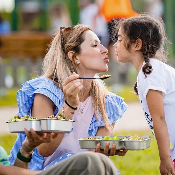Stainless Steel Snack Containers for Kids Adults, 2 Pack 2 Compartment Metal Snack Containers Box with Lid, Reusable Food Storage Container, Leak Proof, Grab and Go, Blue