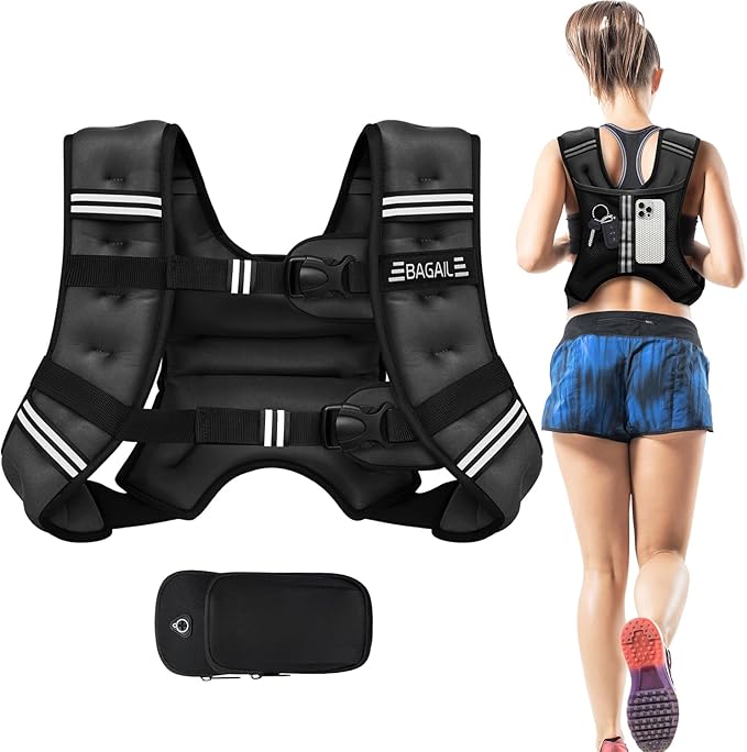 BAGAIL Weighted Vest, 5lbs/8lbs/10lbs/12lbs/15lbs/20lbs/25lbs/30lbs Weight Vest with Detachable Phone Pouch, Rucking Vest for Women, Men, Walking, Weight Loss, Training, Running