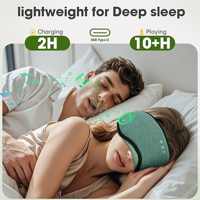 Sleep Headphones with Bluetooth 5.4 Sleep Mask, Bamboo Cotton Music Wireless Bluetooth Eye Mask for Sleeping, Earphones HD Speaker Microphone for Travel, Gifts for Men Women, Green