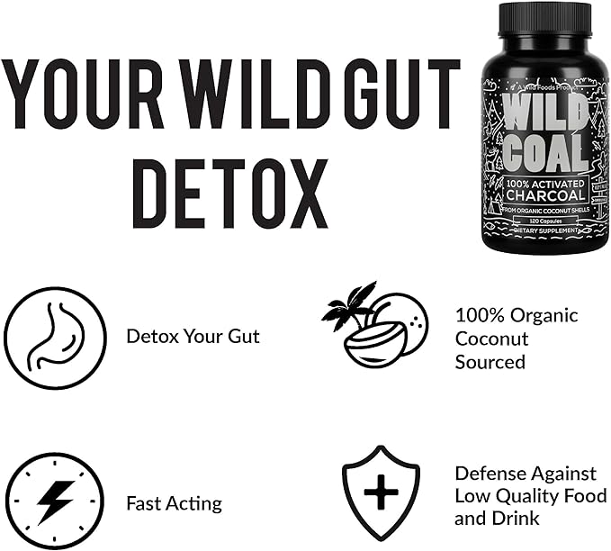 Wild Foods Activated Charcoal Capsules | 100% Organic Coconut Shells Active Tablets | Lab Tested & Non-GMO Detox Pills | USA (Three Bottles - 120 Capsules)