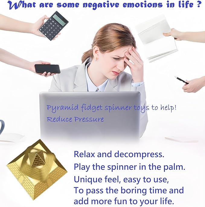 NBZOSENG® Rotating Pyramid Fidget Toy, Solid Brass Metal Desk Decor for Office & Home, Stress Relief & Anxiety Relief Gadget for Adults, Cool Focus Tool for ADHD Autism (Gold Luxury Executive Gift)