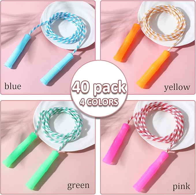 40 Pack Jump Rope for Kids Stripe Ropes with Plastic Handles 7.6 Feet Nylon Jumping Rope Adjustable Weighted Braided Fitness Skipping Rope for Outdoor Exercise Sport Party Equipment, Assorted Colors
