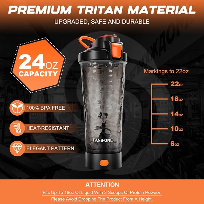 Electric Shaker Bottle, 24oz Lockable Blender Cup Electric Protein Shaker Bottles, Tritan USB C Rechargeable Mixer, Portable Shaker Cups for Protein Shakes for Men Women, Black and Orange