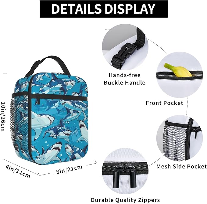 Lunch Box for Women Men, Cute Shark Blue Insulated Lunch Box Reusable Portable Lunch Bag Cooler Tote Waterproof Lunch Container for Office Picnic Work Travel Hiking
