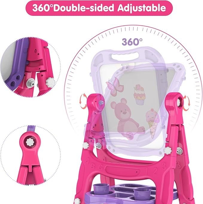 Amagoing Easel for Kids, Adjustable Standing Art Easel for Toddler, Double Side Drawing Board with Painting Accessories, Birthday Christmas Gift Toy for Boys Girls 3 4 5 6 Years Old, Purple