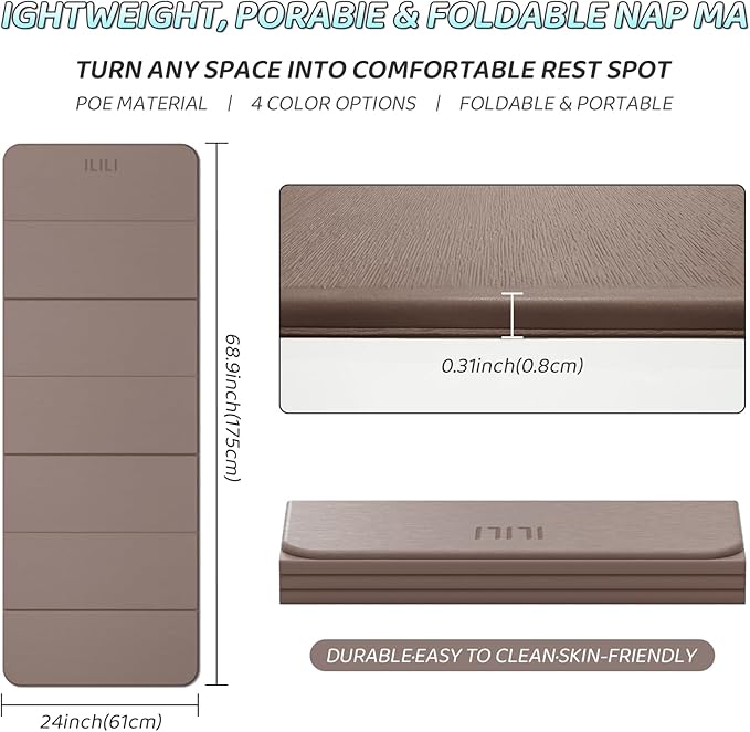 ILILI Foldable Yoga Mat 71 * 24 * 0.3'' - TPE Non-Slip Fitness Mat for Home,Waterproof & Lightweight (2lb) for Home gym, Pilates & Stretching,Fitness Workouts | 7-Fold Portable Design