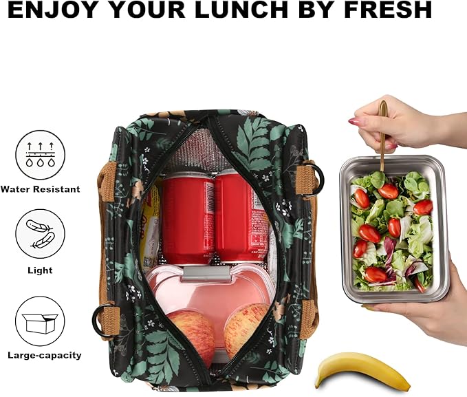Joymee Lunch Bag - Large Capacity, Insulated, Reusable, Durable, Adjustable Shoulder Strap, Green Leaf