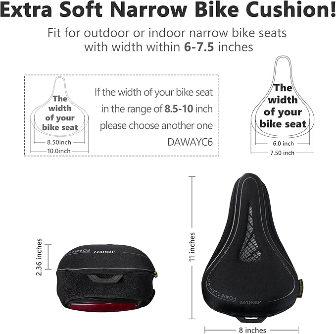 DAWAY Comfortable Bike Seat Cover - C3 Soft Gel & Memory Foam Padded Bike Seat Cushion for Women Men Seniors, Comfort, Fits for Peloton, Stationary, Exercise, Mountain and Cruiser Bicycle Saddles