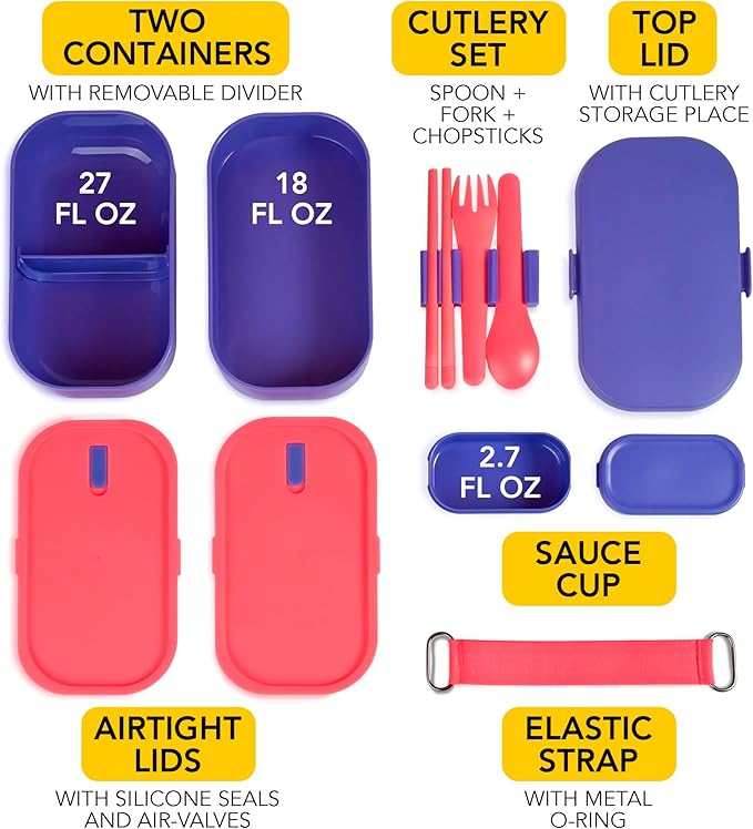 Insulated Stackable Bento Box for Adults with Reusable Chopsticks Japanese Lunch Box Microwavable & Leak Proof Lunch Containers for Men & Women Modern Cute Food Container with Compartments (Lavender)