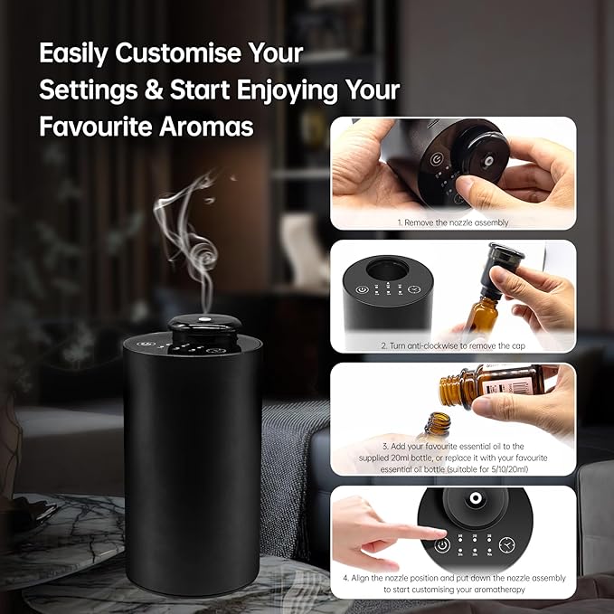 Waterless Essential Oil Diffuser, Battery Operated Mini Scent Air Machine for 5ml/ 10ml/ 20ml Essential Oils, Aromatherapy Diffuser with 3 Countdown Timers & 3 Mist Levels for Home, Car, Office