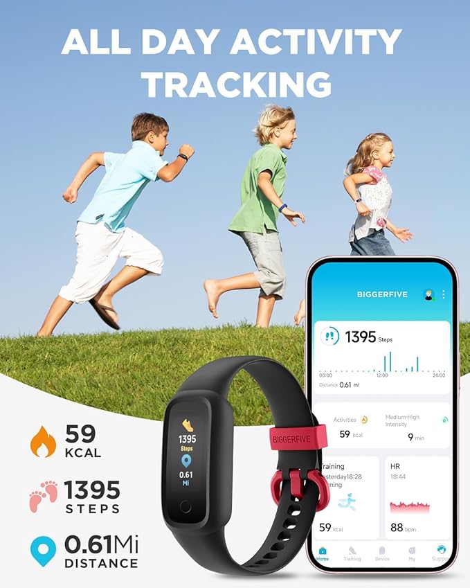 BIGGERFIVE Vigor 2 L Kids Fitness Tracker Watch for Boys Girls Ages 5-15, Activity Tracker, Heart Rate Sleep Monitor, IP68 Waterproof, Pedometer, Calorie Step Counter Watch, Black
