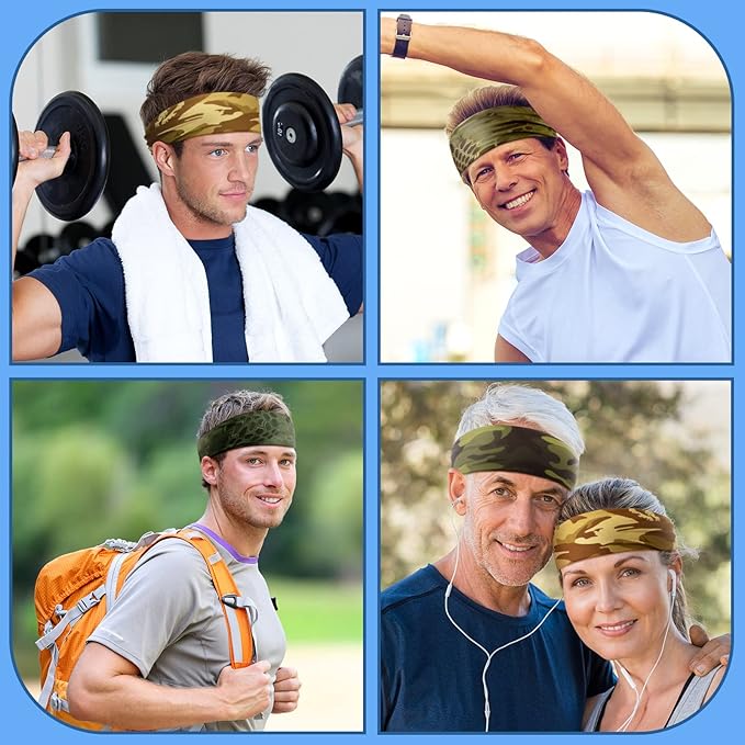 9 pcs Sweatbands for Men Workout Sport Headbands for Men Camo Headband Sweat Absorbing Headband Wide Sweatband for Head Basketball Football Cycling Running Yoga, 4.7 x 9.8 Inch
