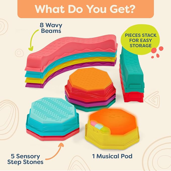 B. toys – Balance Beam for Kids – Musical Games & Activities – 5 Sensory Stones, 8 Wavy Beams & 1 Musical Pod – Indoor & Outdoor Active Play – 3 Years + – Balance & Groove Set