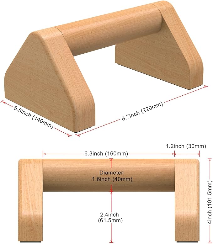 Kipika All-Wood Push Up Bars - 4" Beech Wood Push-up Handles for Floor, Non-Slip Rubber Base, Triangular Pushup Stands, Home Gym Fitness Equipment Perfect for Dips, L-Sit, Strength Training