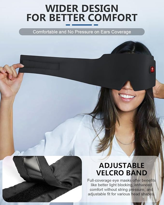 Silk Heated Eye Mask, 2000mAh Large Size Cordless Sleep Mask Warm Eye Compresses Electric Eye Heating Pad for Stye Blepharitis Dry Eyes Sinus Migraine Gifts for Men Woman (Black)