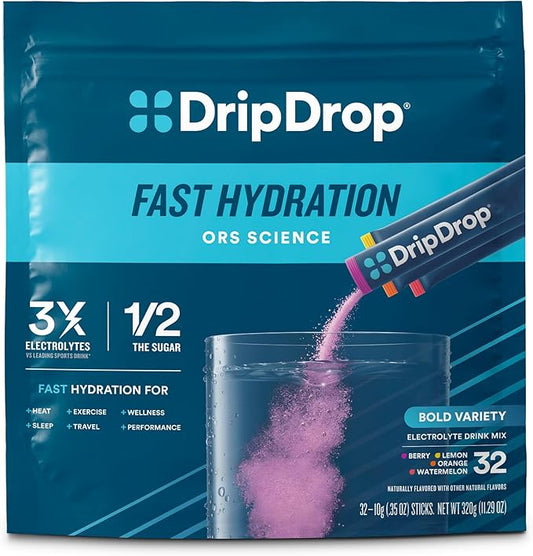 DripDrop Hydration Packets - Bold Variety Pack - Single Serve Electrolytes Powder Drink Mix - Watermelon, Berry, Lemon, Orange - Non-GMO, Gluten Free, Vegan - 32 Sticks