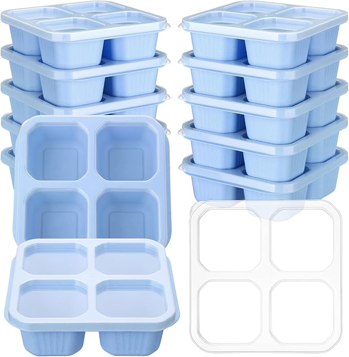 12 Pcs 4 Divided Compartments Snack Containers Bento Wheat Straw Snack Box with Lid Reusable Meal Prep Lunch Box Food Storage Containers for Adults Travel Work(Blue)