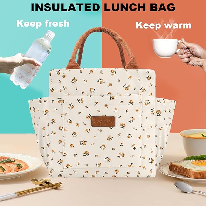 Joymee Lunch Bag Women Insulated Lunch Box Reusable Leakproof Large Spacious Cooler Tote for Women Men Adult with Bottle Holder and Side Pockets for Work Office Travel Picnic - Yellow Little Floral