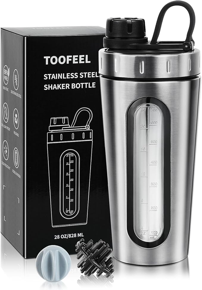 TOOFEEL Shaker Bottles for Protein Mixes 28 oz Stainless Steel Protein Shaker with 2 Mixing Ball, Not Stays Cold/Hot, Visible Window Metal Shaker Cups, Leakproof, BPA Free Bottle Shaker