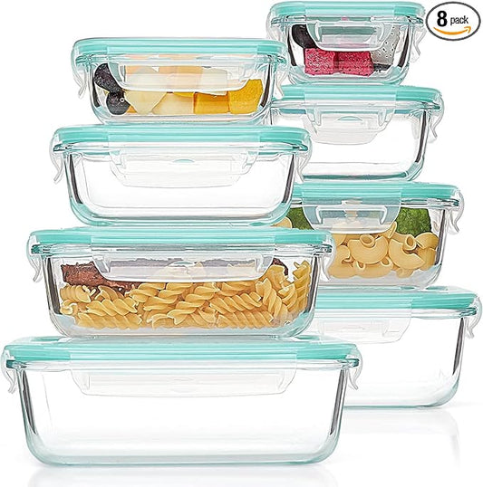 Vtopmart 8 Pack Glass Food Storage Containers with Airtight Lids, Glass Meal Prep Containers, Lunch Office Meal for Microwave, Oven, Freezer and Dishwasher, BPA Free