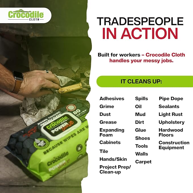 Crocodile Cloth PowerSCRUB Cleaning Wipes – 80 (15" x 10") Dual-Surface Cloths, Heavy-Duty, Moist, Absorbent, & Disposable - Safe on Skin & Multiple Surfaces