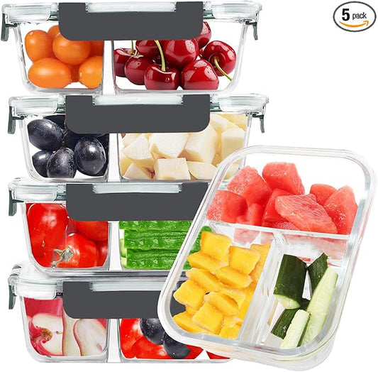 BAYZZ 5 Pack 35 Oz Glass Meal Prep Containers 3 Compartments, Glass Food Storage Containers, Lunch Bento Box with Airtight Lids, Microwave, Freezer & Dishwasher Safe