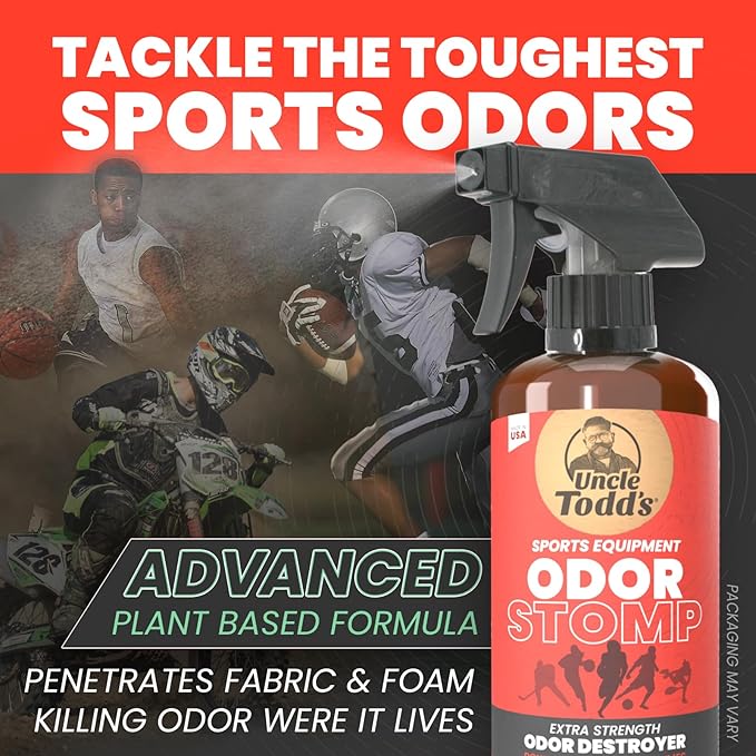 Uncle Todd’s Odor Stomp Sports Equipment Odor Eliminator Spray - Extra Strength Enzyme-Powered Deodorizer for Football, Hockey, Gym Bags, and Athletic Gear - Bamboo Blitz Scent - 16 oz
