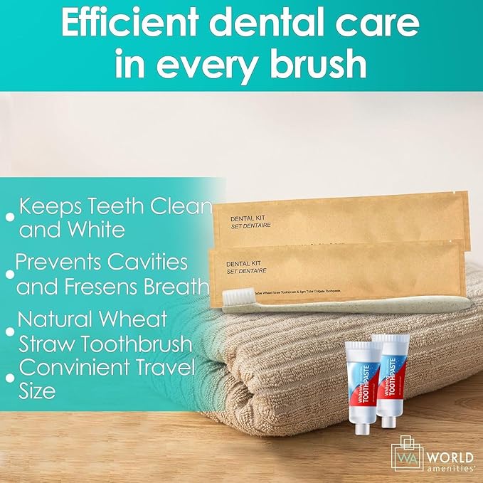 World Amenities Kraft Paper Dental Kit - Wheat Straw Toothbrush and Toothpaste Dental Care Kit (25)