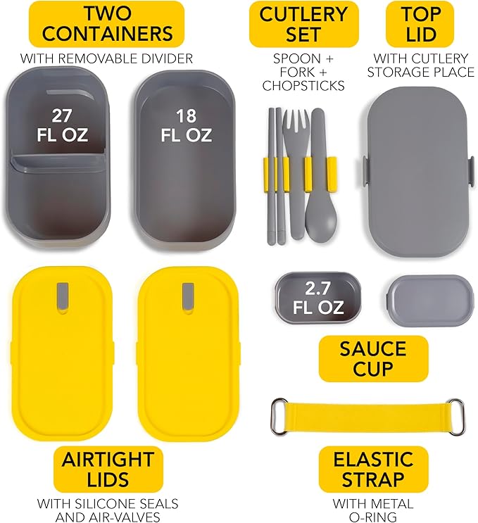 Premium Bento Lunch Box for Adults with Reusable Chopsticks, Modern Cute Food Container with Compartments, Leak Proof, Microwavable & Freezer Safe, Gray, 7.5x4.7x4.5 in (190x119x114 mm)