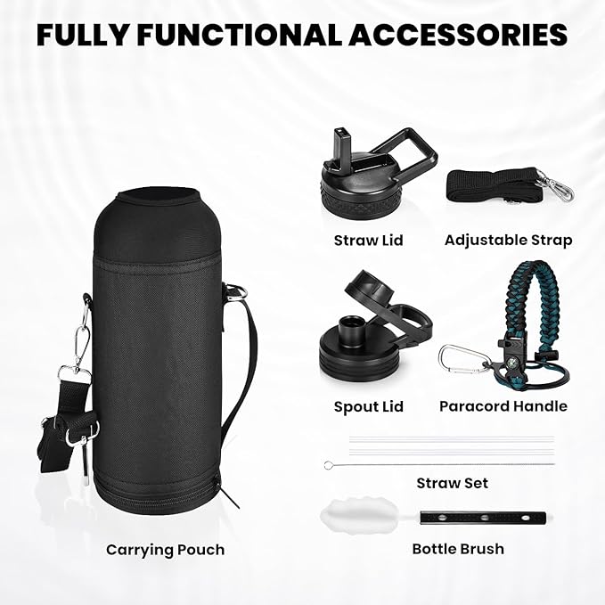 Insulated Water Bottle 40 oz, Triple Wall Vacuum Stainless Steel (Cold for 48 Hrs), Leak Proof & Non-BPA, Modern Water Flask Jug with Paracord Handle & Straw Spout Lids, Indigo/Black