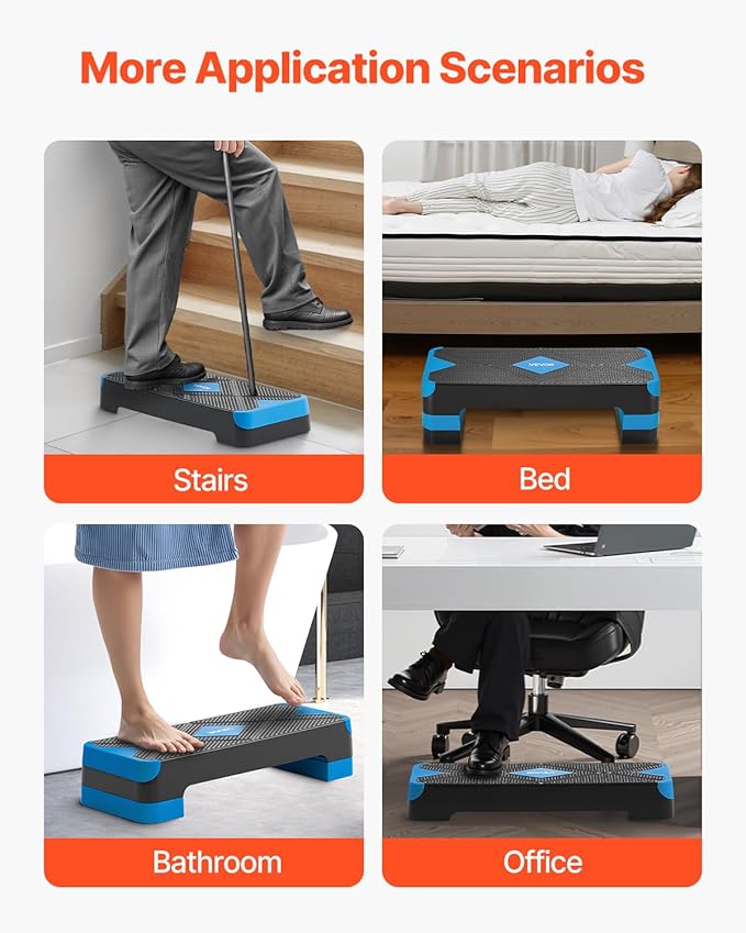 VEVOR Aerobic Exercise Step Platform, 28-Inch Workout Aerobic Stepper, Height Adjustable Fitness Training Step Deck Trainer with 4 Risers, Non-Slip Surface Bench for Home Gym Cardio Strength