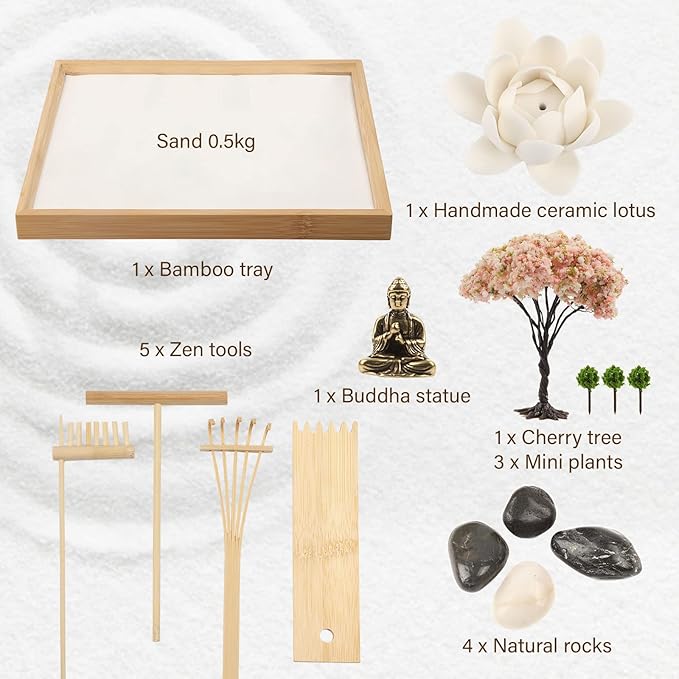 Zen Garden for Desk 11x7.5in, Handmade Sand Art with Tray, Japanese Gift Set, Mini Zen Garden with Bonsai Tree, Home Office Room Decorations, Therapy Kit, Stress Relief Gift