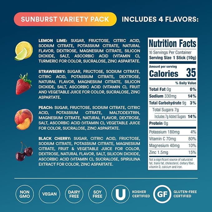 DripDrop Hydration Packets - Sunburst Variety Pack - Single Serve Electrolytes Powder Drink Mix - Lemon Lime, Strawberry, Peach, Black Cherry - Non-GMO, Gluten Free, Vegan - 16 Sticks