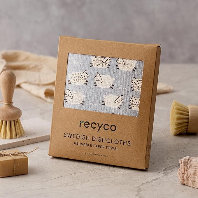 RECYCO Swedish Dishcloths for Kitchen | 6 Pack Farmhouse Friends Washable Dish Rags | Cellulose Reusable Cleaning Paper Towels | Absorbent Counter Dish Cloth Sponge Kitchen Wipes, 8" L x 7" W