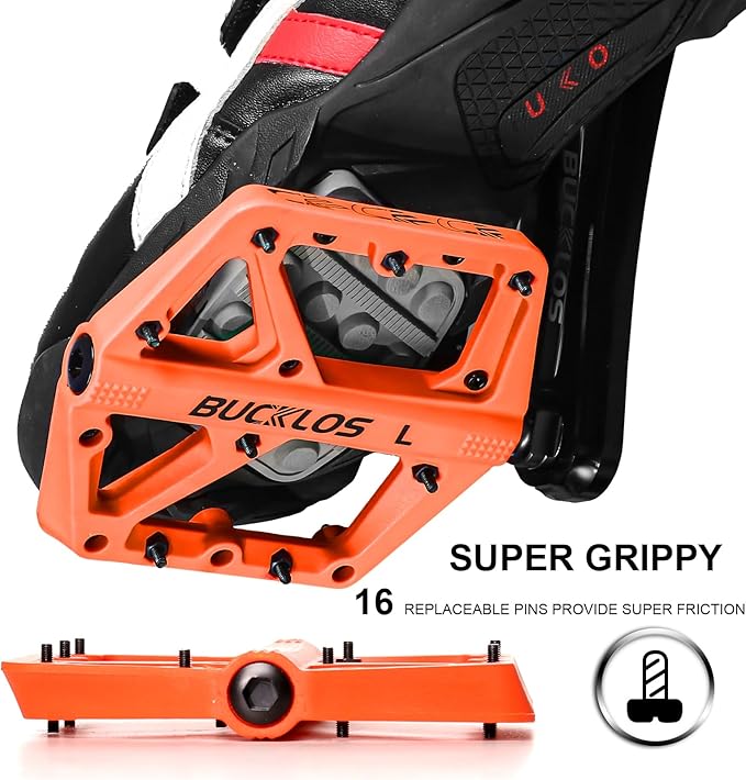 BUCKLOS Mountain Bike Pedals MTB Pedals Flat, Adult Bicycle Road Bike Large Platform Nylon Non-Slip Pedal for Gravel Bike/Hybrid Bike 9/16"