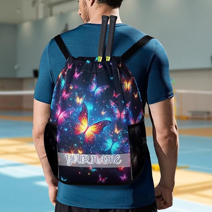 Custom Butterfly Drawstring Backpack - Cute Cinch Sack, String Backpacks with Pocket for Kids Boys Girls Women Men for Gym Outdoor Sports Travel Athletic Drawstring Bag - Lightweight/Foldable