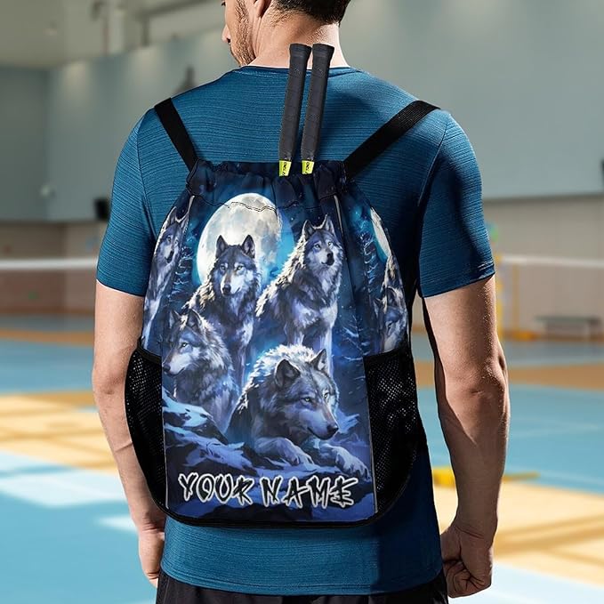 Custom Wolf Drawstring Backpack - Cute Cinch Sack, String Backpacks with Pocket for Women Men Kids Boys Girls for Gym Outdoor Sports Travel Athletic Drawstring Bag - Lightweight/Foldable