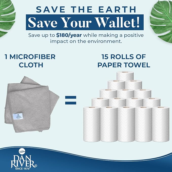 DAN RIVER 24-Pack Gray Microfiber Towels โ Ultra Absorbent, Lint-Free & Streak-Free Cleaning Cloths for House, Car & Kitchen - Must-Have Cleaning Essentials - 12" x 12"