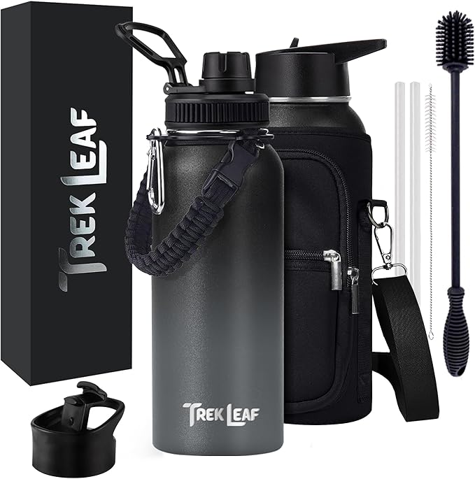 Travel Water Bottle with Carrying Bag, 3 Lids (Spout, Straw, Flip), and Bottle Brush; Leak Proof, Quality, Vacuum Insulated, Stainless Steel (Charcoal Fog, 32 oz)