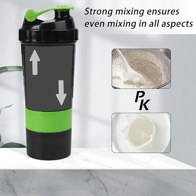Shaker Bottle - Protein Shaker Cup with Storage Compartments - Leak-proof Workout Shake Bottles with Mixer for Smooth Mixing-500ML/16oz (GREEN & BLACK)