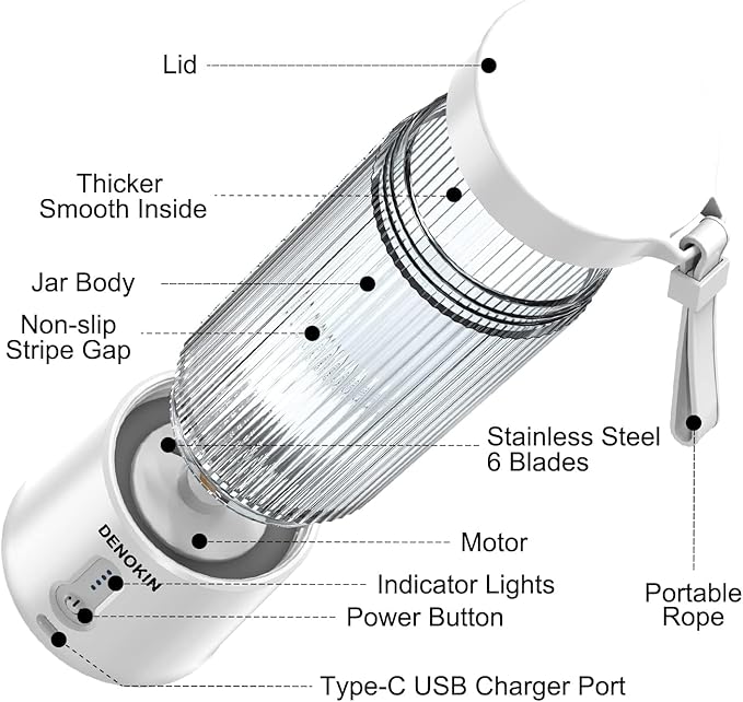 DENOKIN Portable Blender 16oz Vessel, Cordless Personal Size Small Blender for Shakes and Smoothies with 6 Blade for Kitchen, Home, Travel